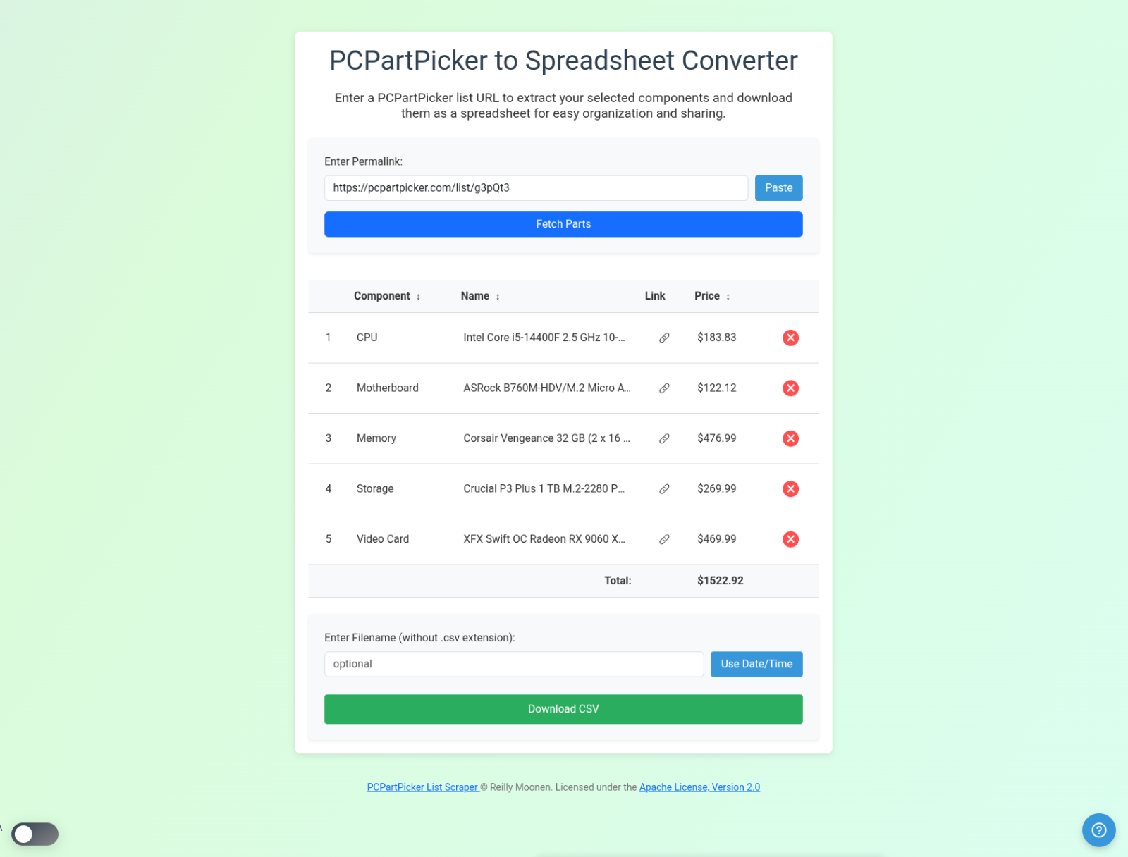 PCPARTPICKER spreadsheet converter